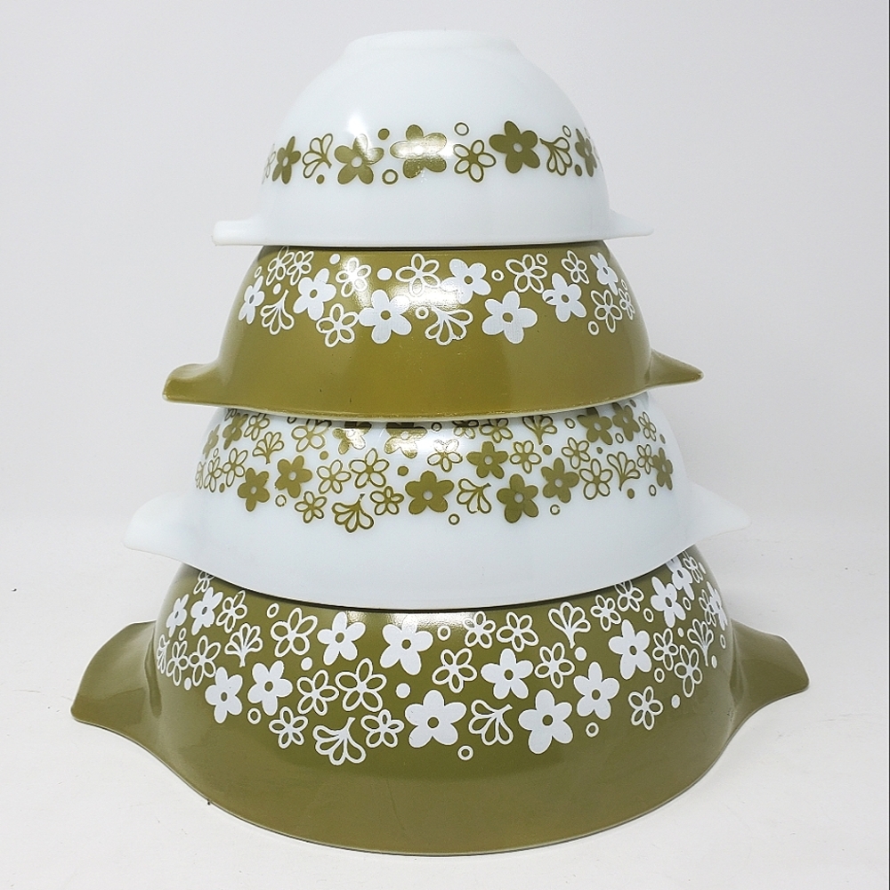 VTG Pyrex Green Spring Blossom Crazy Daisy Cinderella Mixing Bowl Set